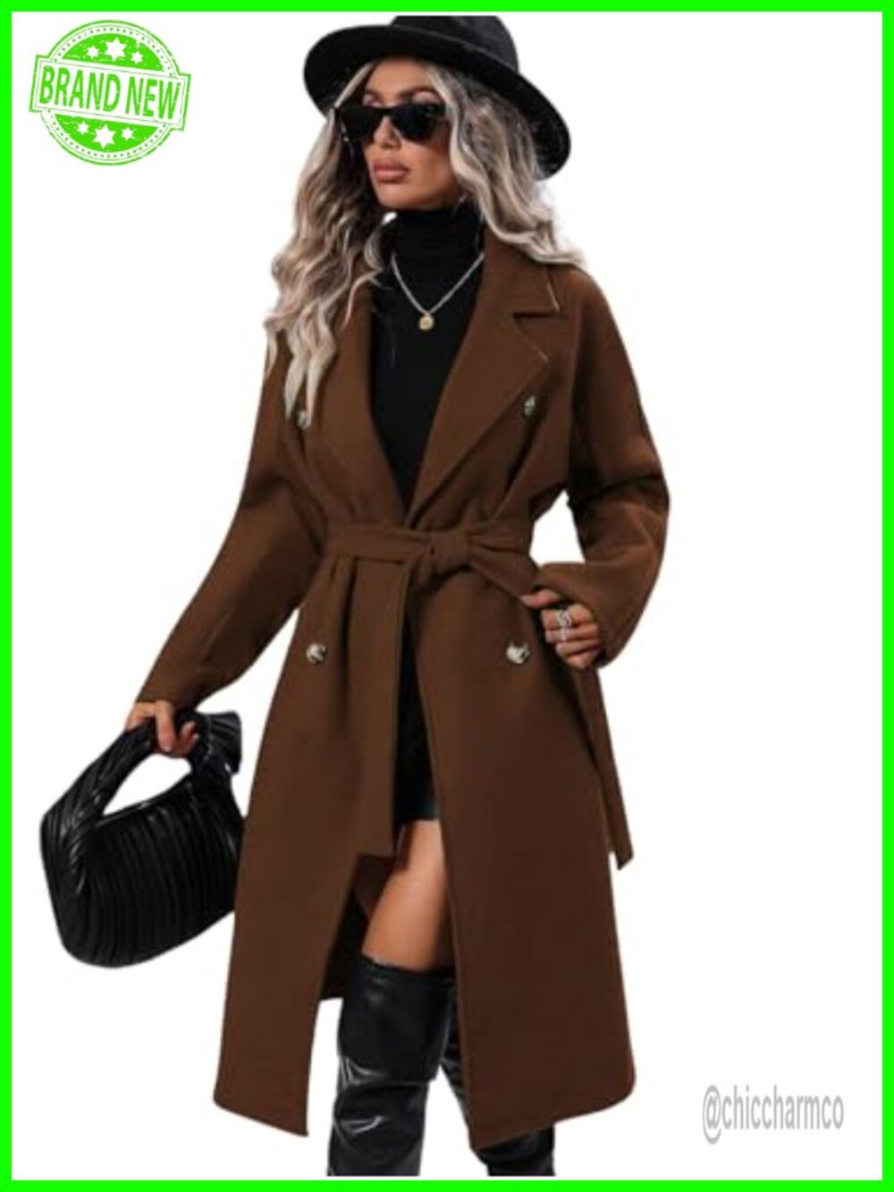 Womens Long Wool Blend Pea Coat Notched Lapel Double Breasted Belted Winter